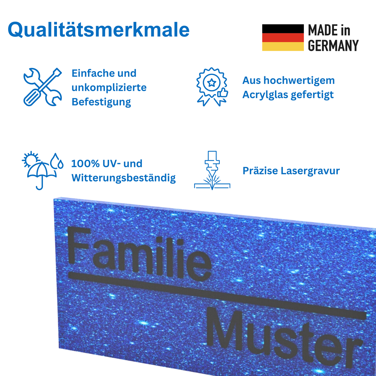 Qualitätsmerkmale des selbstklebenden Namensschilds in Blau und mit Gravur