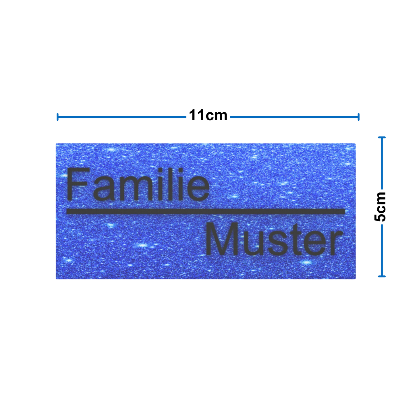 Maße des selbstklebenden Namensschilds in Blau und mit Gravur