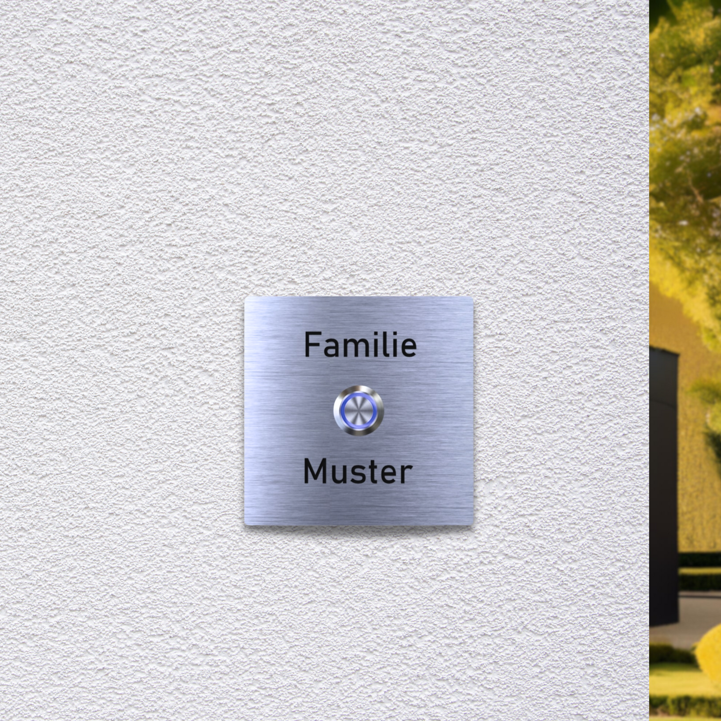 Edelstahlklingel mit Gravur und LED Taster an einer Hauswand