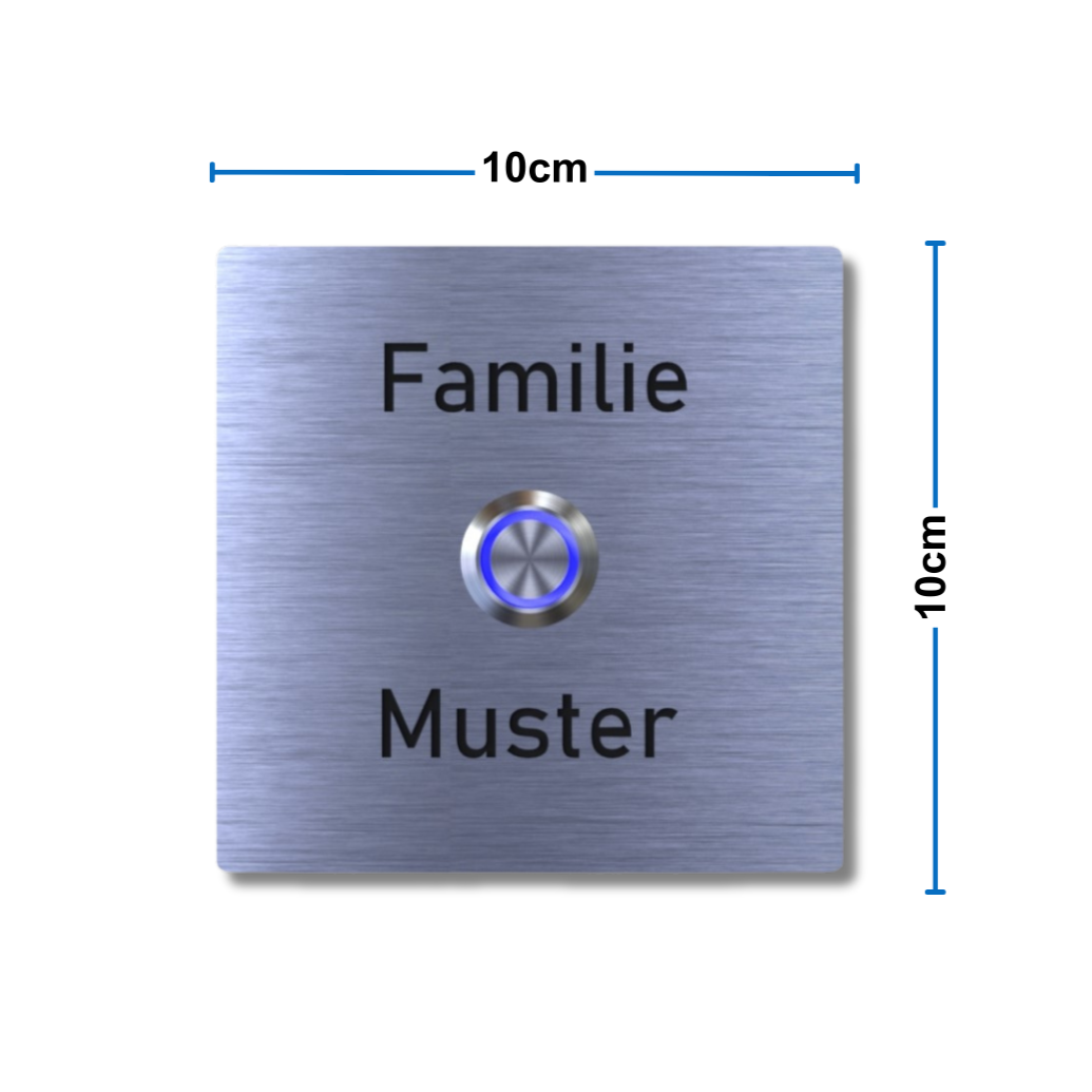 Abmessungen der Edelstahlklingel mit Gravur und LED Taster - 10cm x 10cm