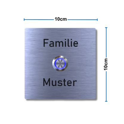 Abmessungen der Edelstahlklingel mit Gravur und LED Taster - 10cm x 10cm