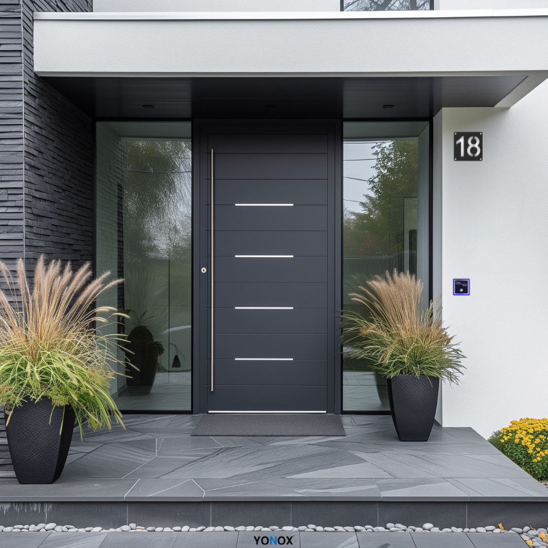 Moderne Hausnummer aus Acrylglas und Edelstahl LED Klingelschild an Haustür