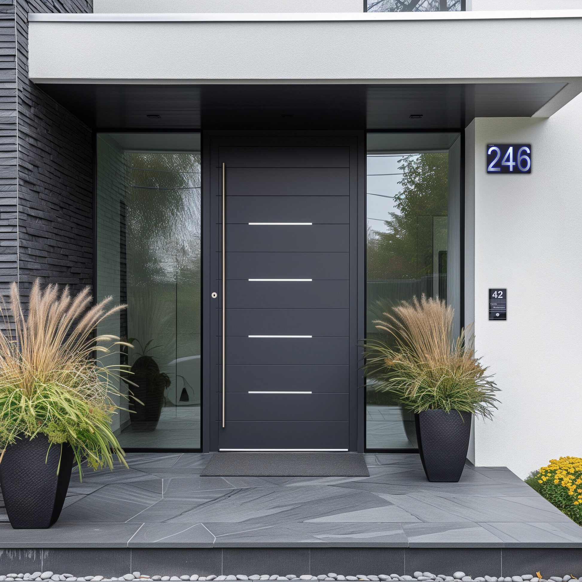 Haustür mit Klingelschild und Hausnummer 