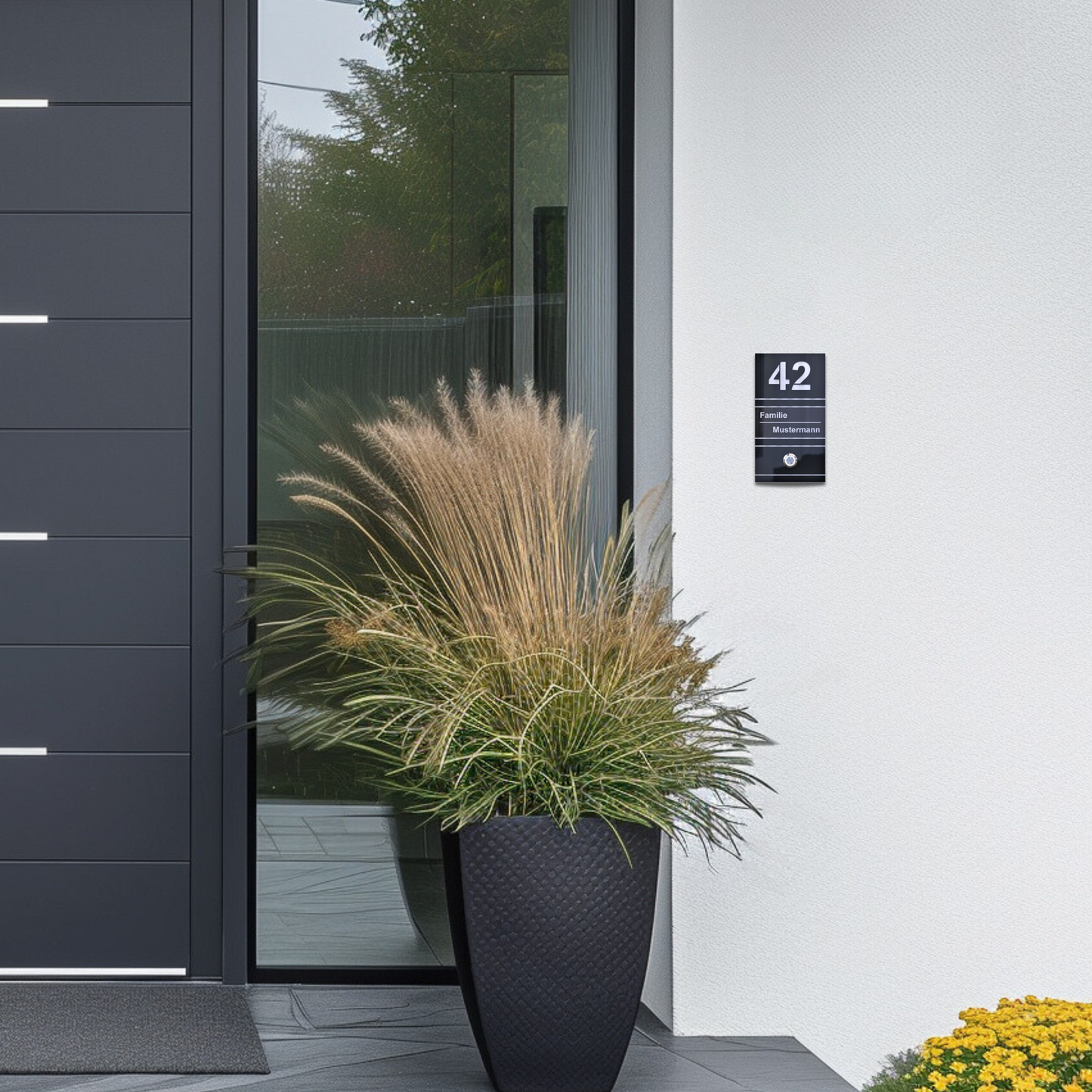 Klingelschild mit Gravur und Hausnummer an einer Haustür