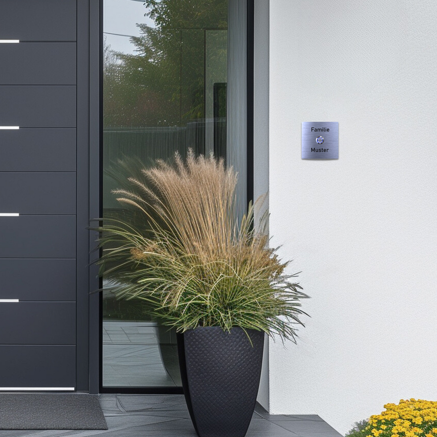 Haustür mit  Klingelschild aus Edelstahl